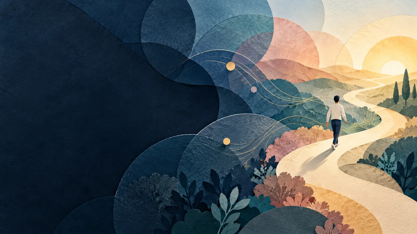 An editorial illustration of a person following a path from uncertainty toward morning light